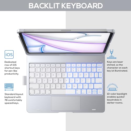 typecase حافظة لوحة المفاتيح اللمسية من تايب كيس لجهاز آيباد إير 11 بوصة (M3/M2، 2025/2024) و آيباد برو 11 (الجيل 4/3/2/1)، لوحة تتبع متعددة اللمس، إضاءة خلفية بـ 11 لون، قابلة للدوران 360° لجهاز آيباد إير 5/4، فضي - Image 5