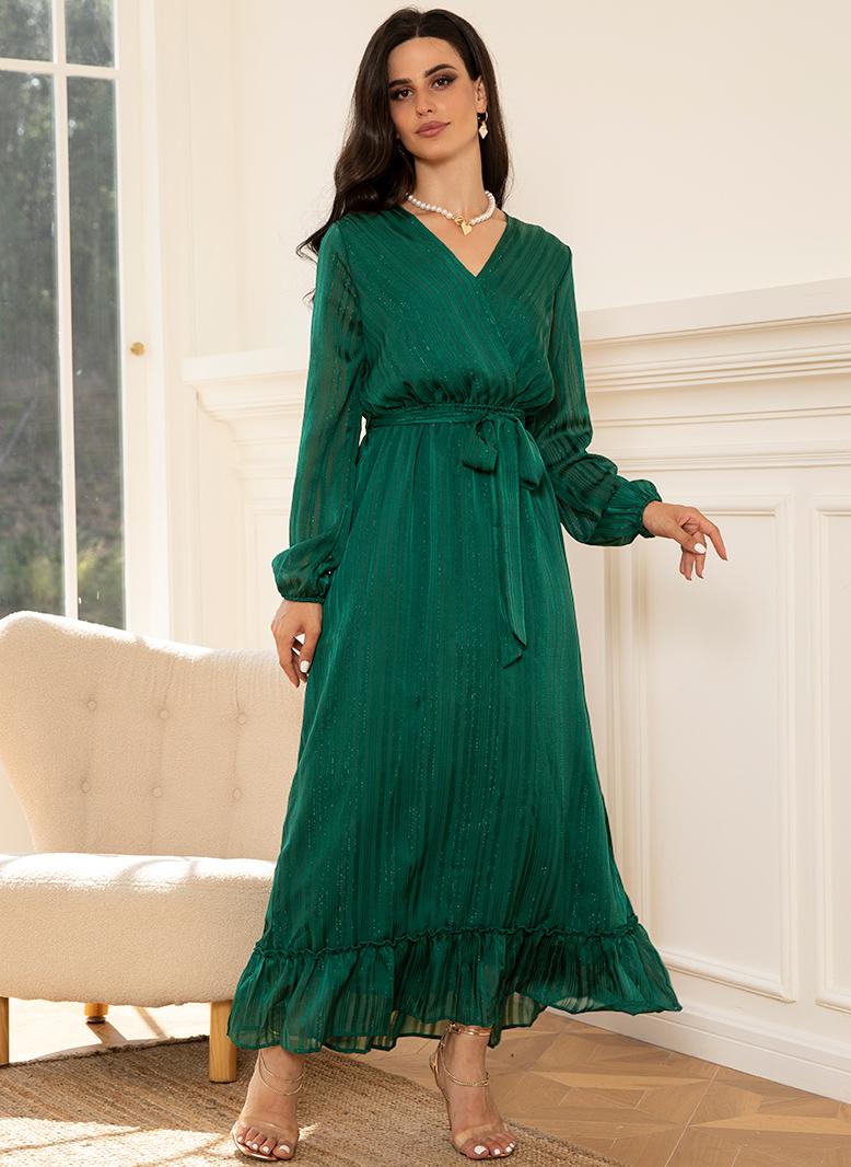 FridayIn Elegant style V-neck Luster Stripe Belt Lining Puff sleeve Long Dresses Green - Image 5