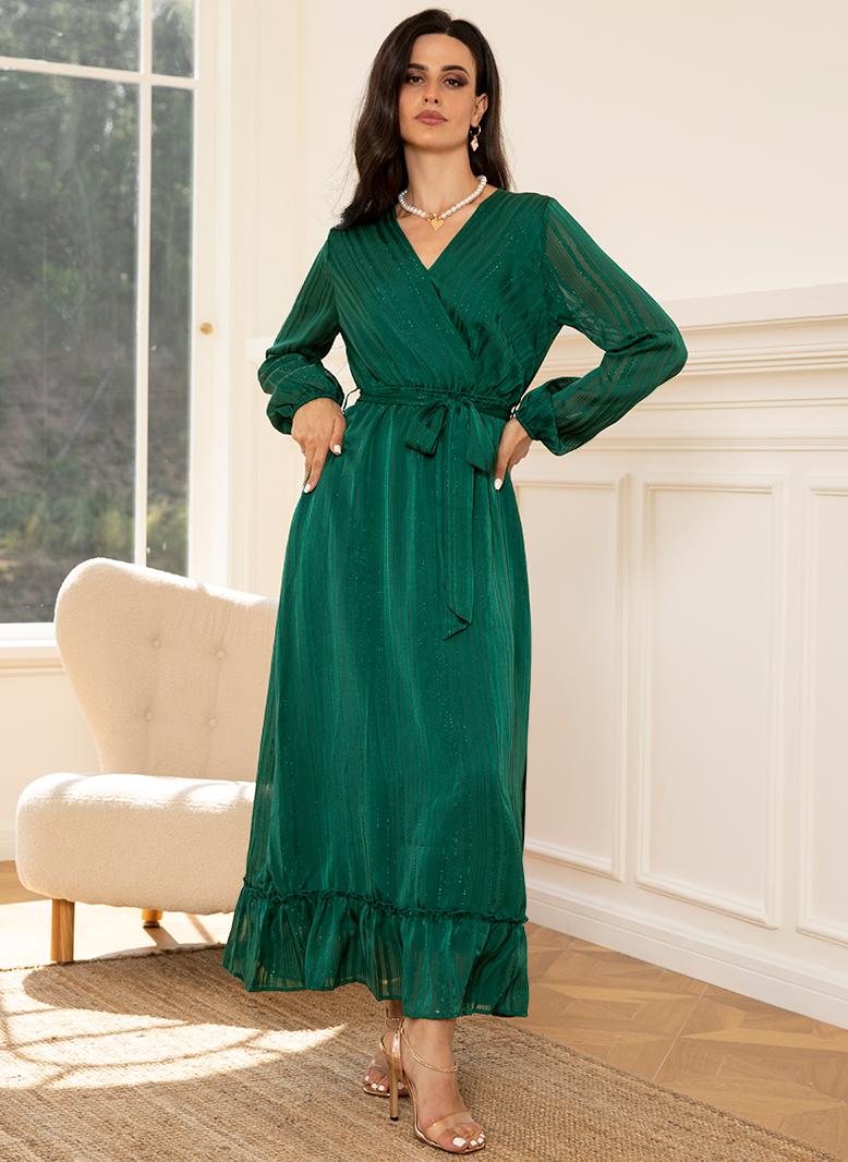 FridayIn Elegant style V-neck Luster Stripe Belt Lining Puff sleeve Long Dresses Green - Image 1