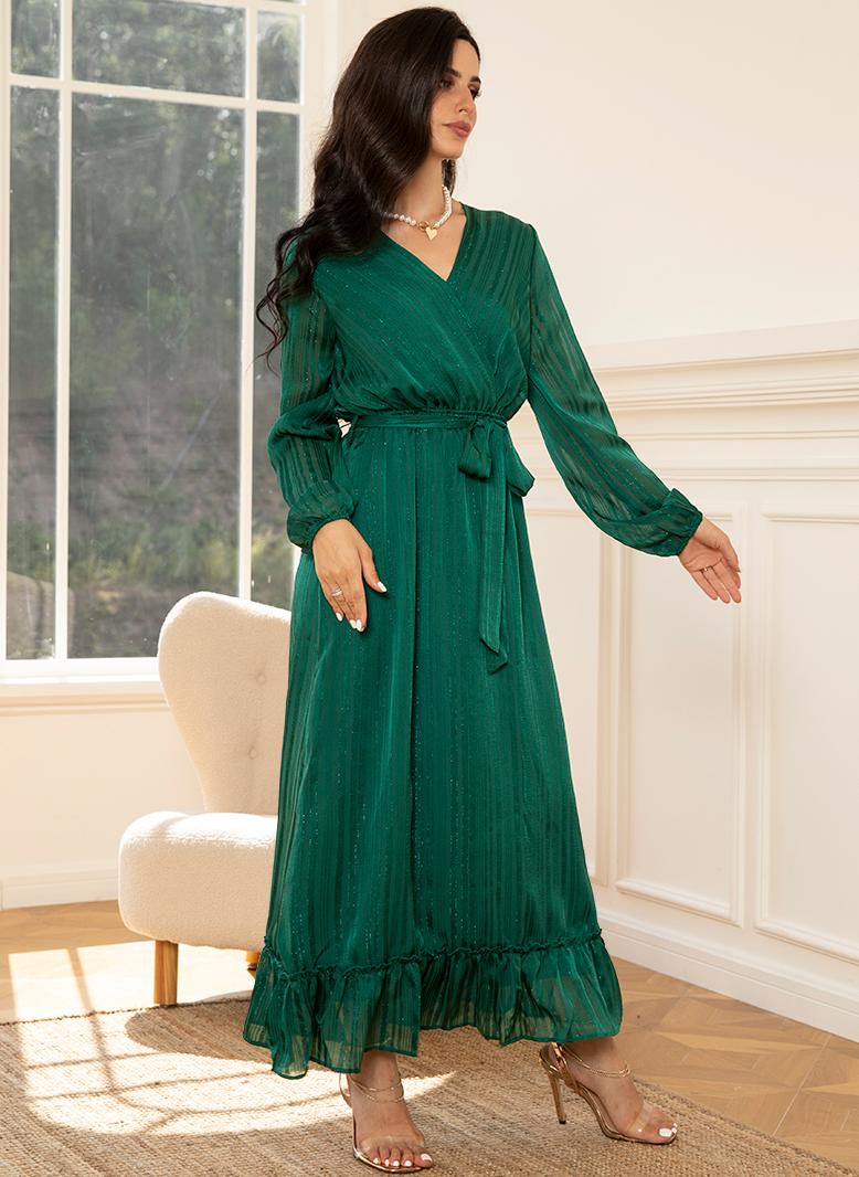 FridayIn Elegant style V-neck Luster Stripe Belt Lining Puff sleeve Long Dresses Green - Image 3