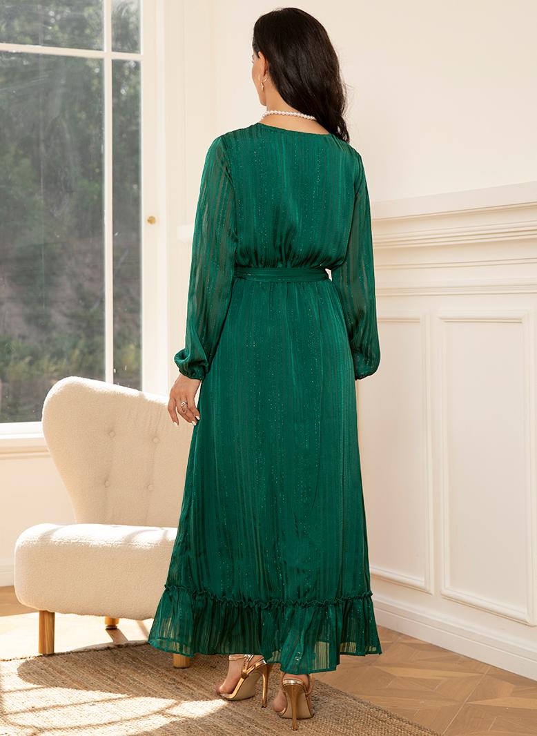 FridayIn Elegant style V-neck Luster Stripe Belt Lining Puff sleeve Long Dresses Green - Image 2