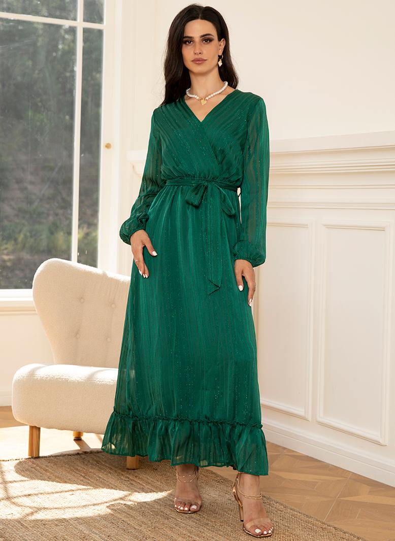 FridayIn Elegant style V-neck Luster Stripe Belt Lining Puff sleeve Long Dresses Green - Image 4