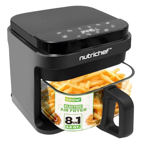 NutriChef قلاية هوائية نوتريشيف سعة 5.8 لتر | 8-1 أوضاع طهي مسبقة | وعاء قلي شفاف للحصول على أفضل نتائج الطهي | اطبخ الروبيان، الستيك، البطاطس المقلية، الأجنحة، الدجاج والمزيد | تحكم دقيق في درجة الحرارة والوقت | رمادي - Image 1