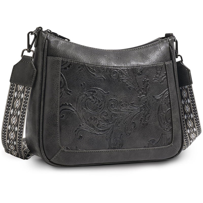 VIMUTI Crossbody Bags for Women,Vegan Leather Crossbody Purse with Adjustable Strap Embossed Flower Women's Shoulder Handbags (04-Dark Gray) - Image 1