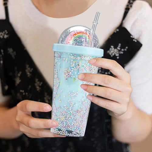 IKTU 550ml Sipper Double Wall Rainbow Water Bottle Glitter Tumbler | For Girls & Boys, School & Coaching | Gift For Kids, Plastic (Pack of 1) (Blue OR Green) - Image 4