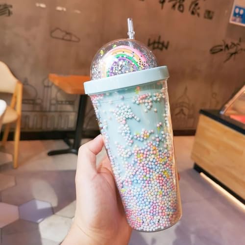 IKTU 550ml Sipper Double Wall Rainbow Water Bottle Glitter Tumbler | For Girls & Boys, School & Coaching | Gift For Kids, Plastic (Pack of 1) (Blue OR Green) - Image 1