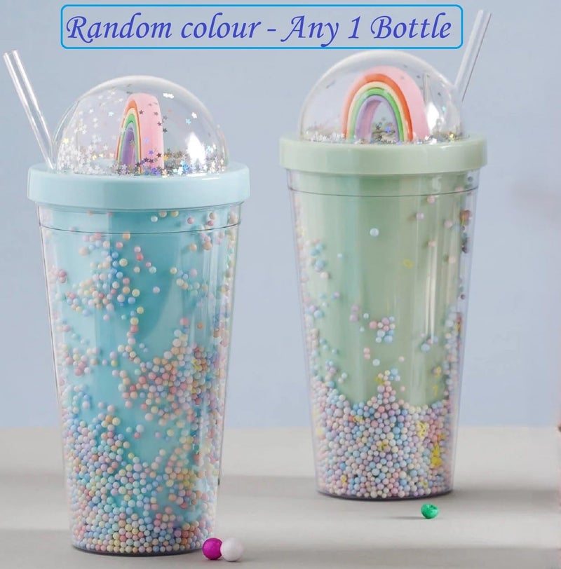 IKTU 550ml Sipper Double Wall Rainbow Water Bottle Glitter Tumbler | For Girls & Boys, School & Coaching | Gift For Kids, Plastic (Pack of 1) (Blue OR Green) - Image 2