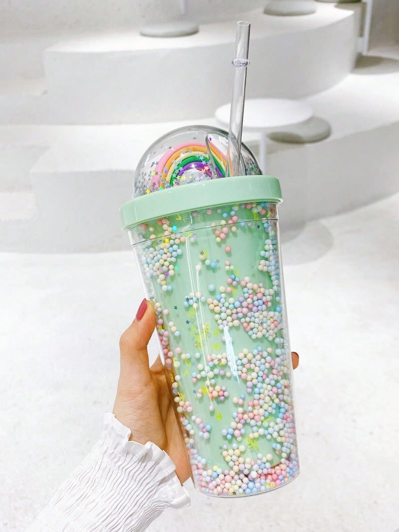 IKTU 550ml Sipper Double Wall Rainbow Water Bottle Glitter Tumbler | For Girls & Boys, School & Coaching | Gift For Kids, Plastic (Pack of 1) (Blue OR Green) - Image 5