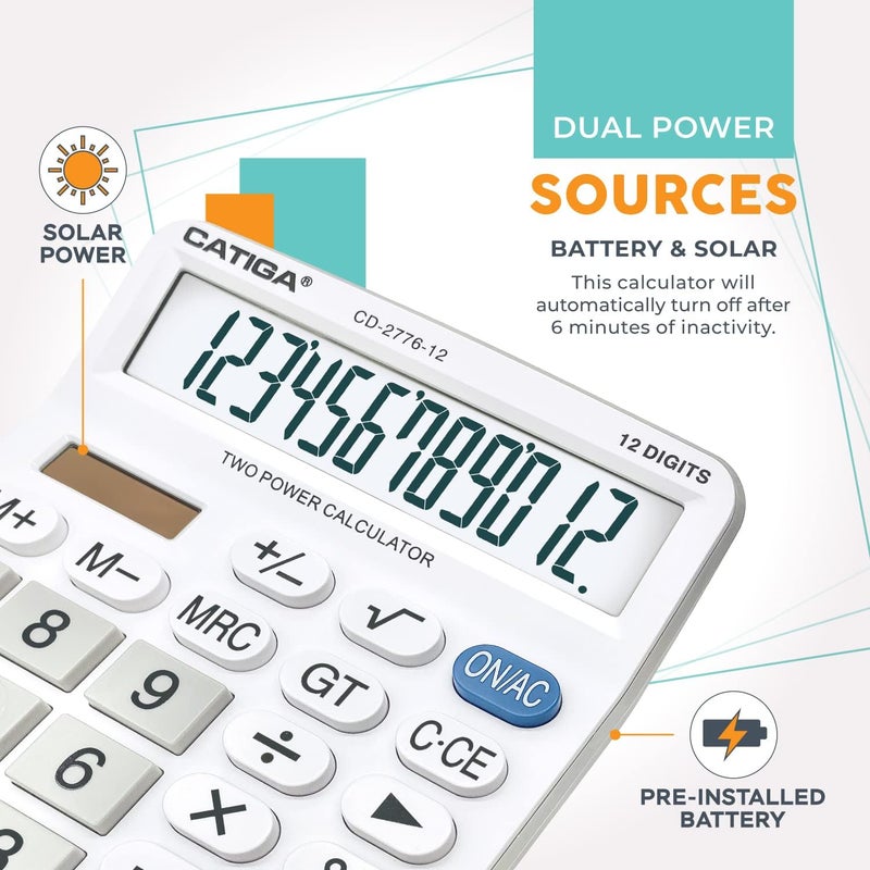 CATIGA آلة حاسبة مكتبية كبيرة 12 رقم متميزة مع شاشة عرض LCD ضخمة بحجم 5 بوصات، أزرار عملاقة استجابة، تعمل بالبطارية والطاقة الشمسية، مثالية للاستخدام في المحاسبة المنزلية/المكتبية، CD-2776 - Image 4