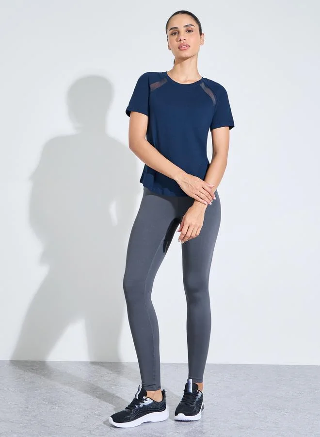 Styli Active Navy Blue Solid Activewear Top with Mesh Panels