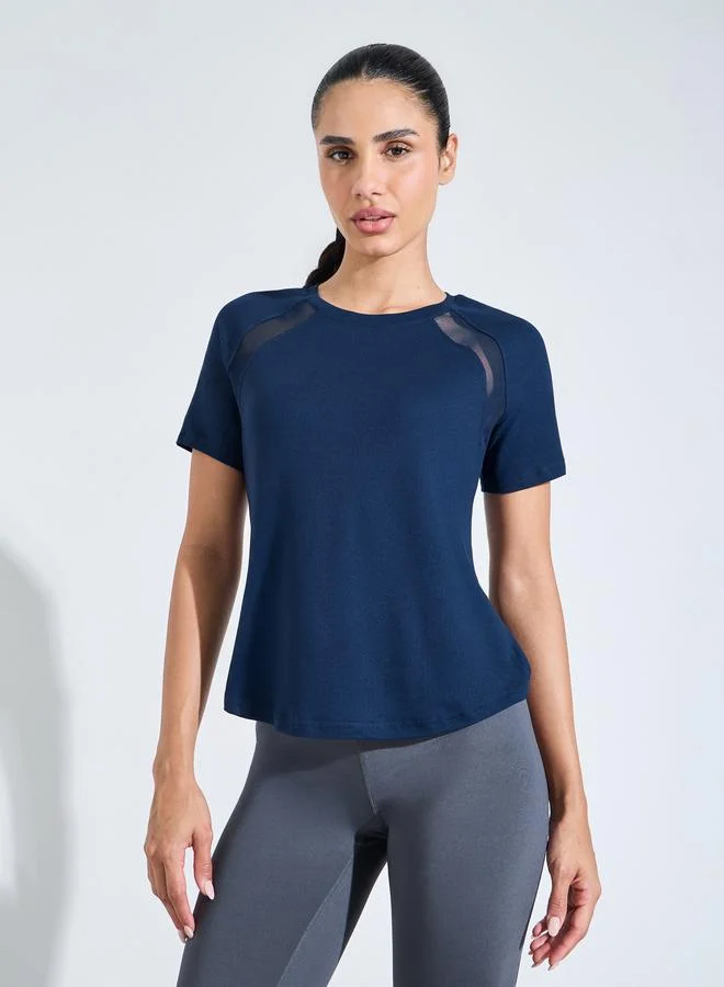 Styli Active Navy Blue Solid Activewear Top with Mesh Panels