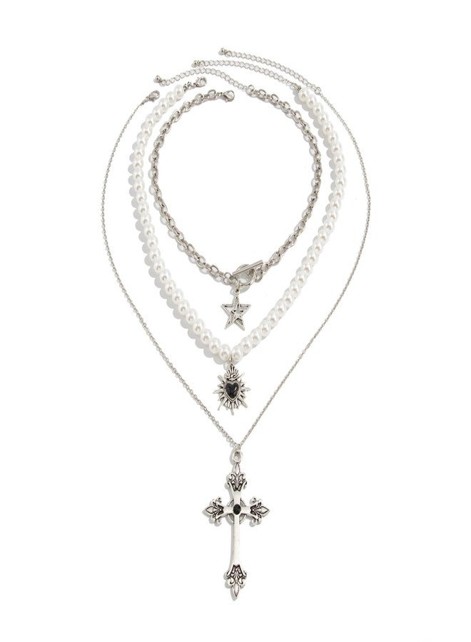 WFik Gothic Multi-layered Heart Cross Pendant Tassel Clavicle Chain Necklace for Women Halloween Festival Pearl Body Chain Necklace Jewelry - Image 5
