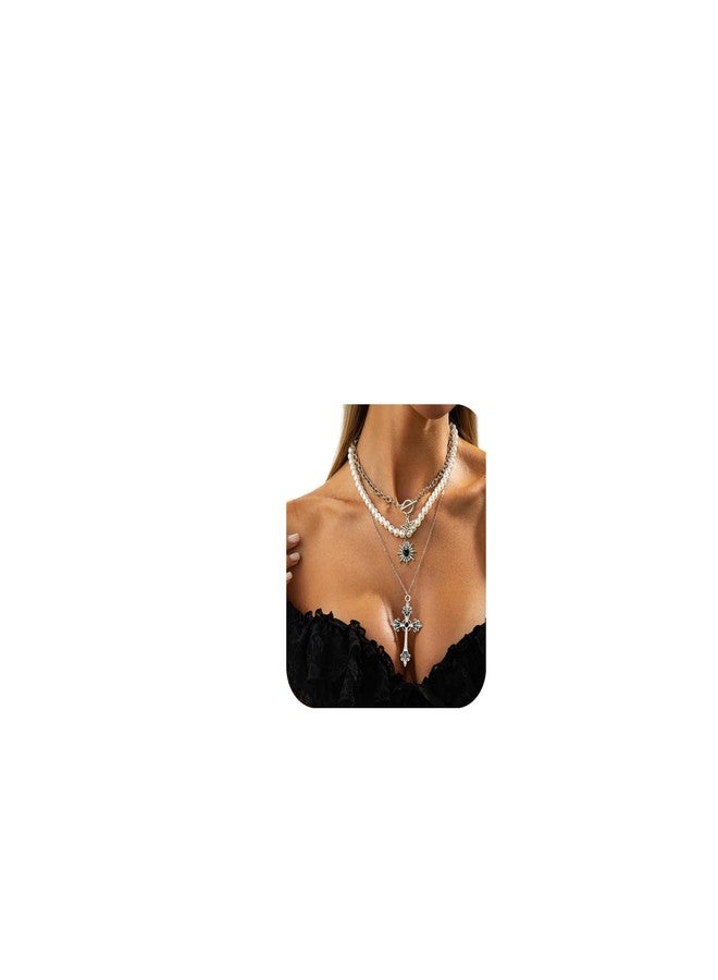 WFik Gothic Multi-layered Heart Cross Pendant Tassel Clavicle Chain Necklace for Women Halloween Festival Pearl Body Chain Necklace Jewelry - Image 1