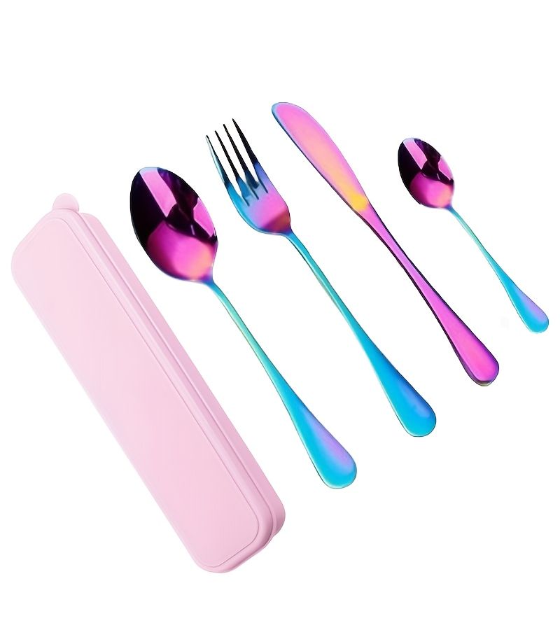 5pcs Silvery Straw Stainless Steel Camping Utensil Set Heavy Duty Reusable Cutlery - Image 1