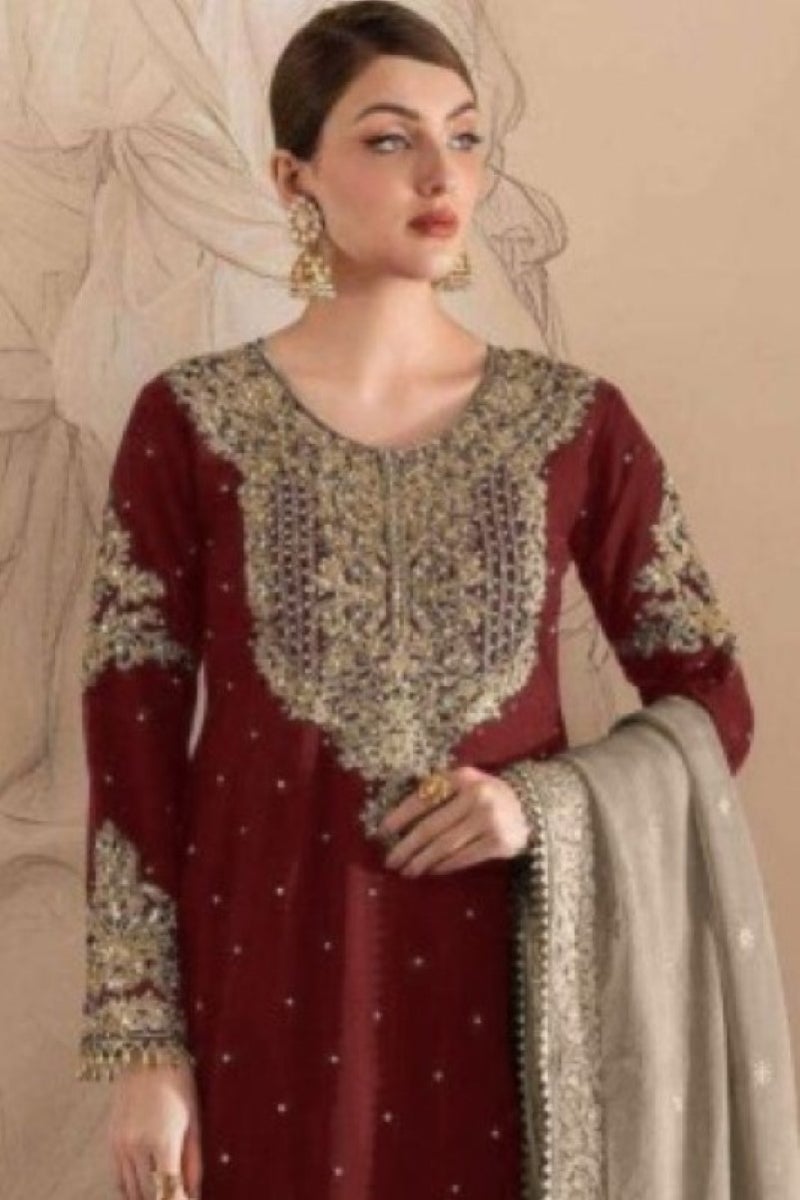 ANAITA بدلة شراة نصف مخيطة من الجورجيت المزخرف باللون الماروني مع عمل تسلسل - Image 2
