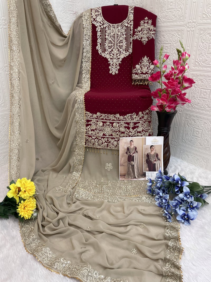 ANAITA بدلة شراة نصف مخيطة من الجورجيت المزخرف باللون الماروني مع عمل تسلسل - Image 3