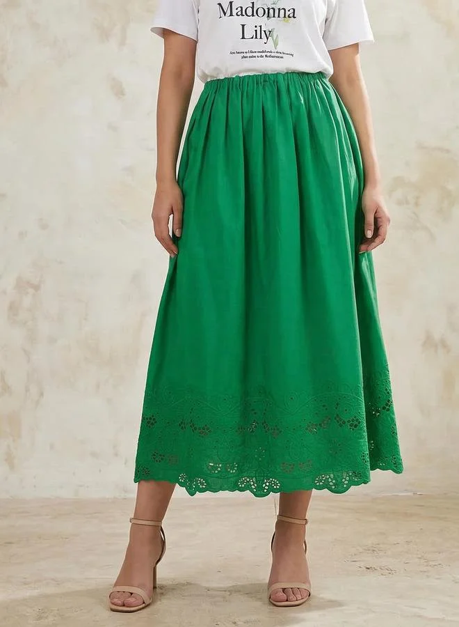 ايكونيك Iconic Midi Cotton Embroidered Hem Skirt with Pleat Detail