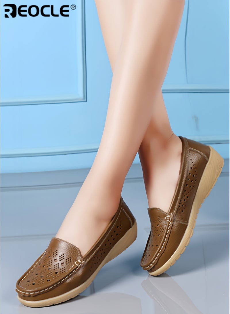 REOCLE Women's Comfortable Walking Leather Shoes Wedge Heel Breathable Clog Sandals with Hollow Out Design Breathable and Wear and Resistant Shoes - Image 1