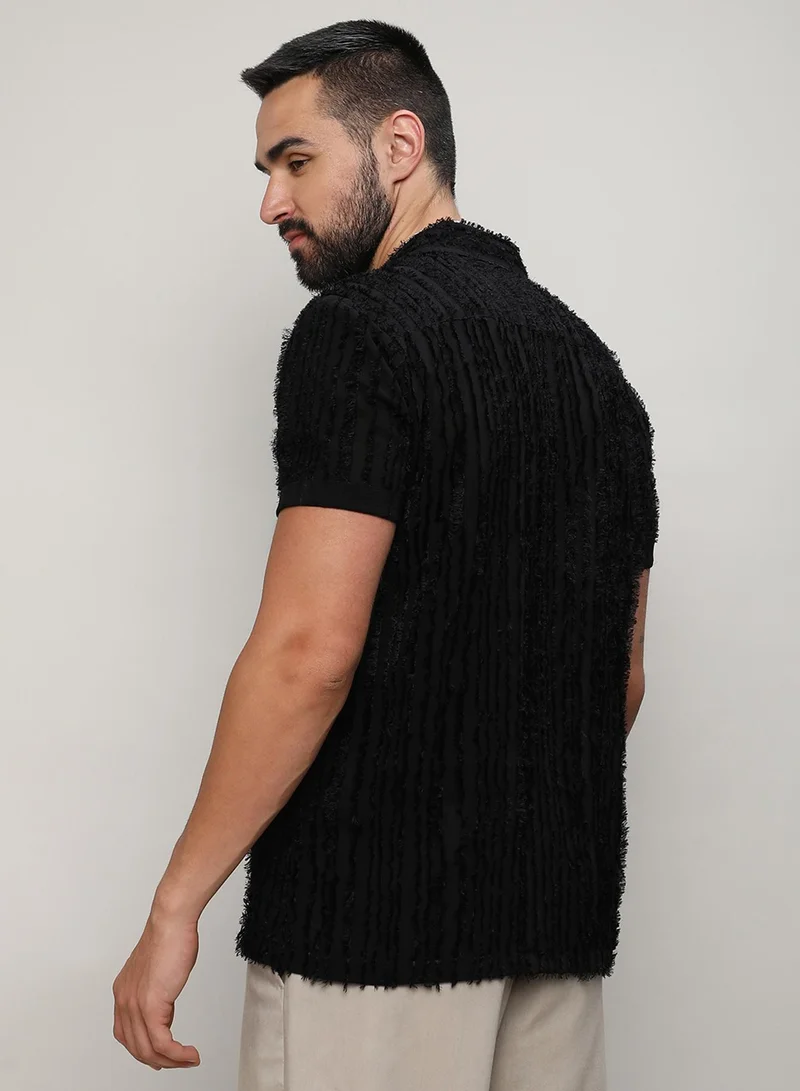 Campus Sutra Campus Sutra Men's Jet Black Fleece Striped Shirt For Casual Wear | Spread Collar | Short Sleeve | Button Closure | Shirt Crafted With Comfort Fit For Everyday Wear