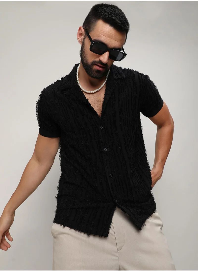 Campus Sutra Campus Sutra Men's Jet Black Fleece Striped Shirt For Casual Wear | Spread Collar | Short Sleeve | Button Closure | Shirt Crafted With Comfort Fit For Everyday Wear