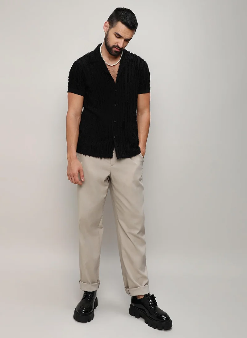 Campus Sutra Campus Sutra Men's Jet Black Fleece Striped Shirt For Casual Wear | Spread Collar | Short Sleeve | Button Closure | Shirt Crafted With Comfort Fit For Everyday Wear