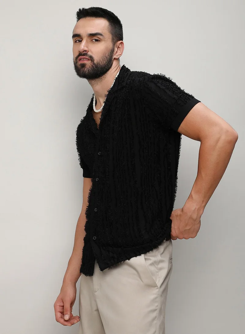 Campus Sutra Campus Sutra Men's Jet Black Fleece Striped Shirt For Casual Wear | Spread Collar | Short Sleeve | Button Closure | Shirt Crafted With Comfort Fit For Everyday Wear