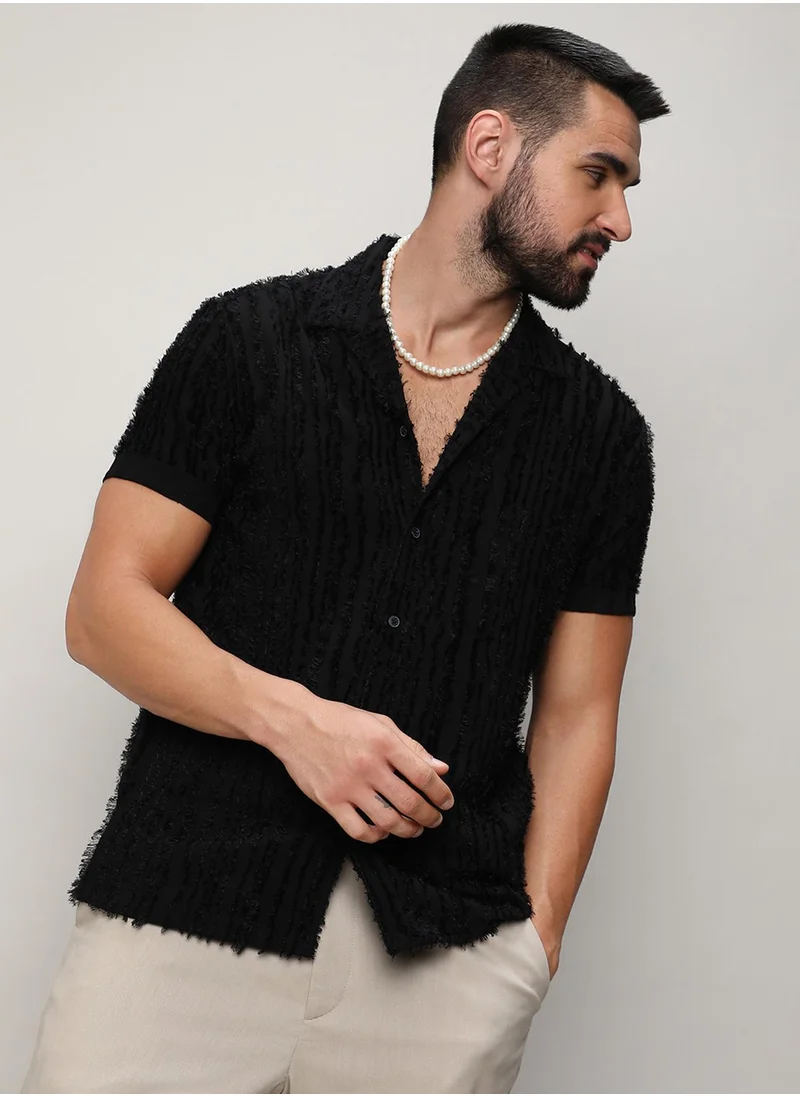 Campus Sutra Campus Sutra Men's Jet Black Fleece Striped Shirt For Casual Wear | Spread Collar | Short Sleeve | Button Closure | Shirt Crafted With Comfort Fit For Everyday Wear