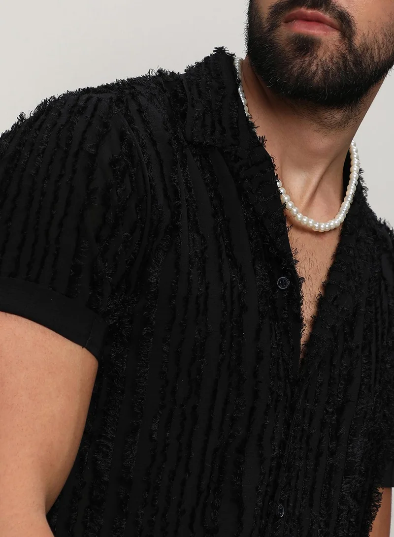 Campus Sutra Campus Sutra Men's Jet Black Fleece Striped Shirt For Casual Wear | Spread Collar | Short Sleeve | Button Closure | Shirt Crafted With Comfort Fit For Everyday Wear
