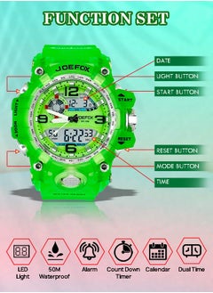 JoeFox 2 Pcs Digital Analog Large Face Dial & Small Face Dial Dual Display LED Sports Wristwatch Quartz Waterproof 30M Men Women and Kids Fashion Dresses Matching Watches Green  - Image 2