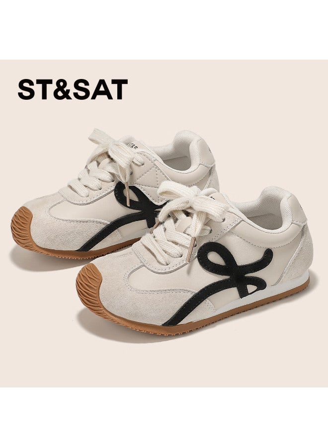 St&sat Kids Sports Shoes Autumn New Girls Running Shoes Boys Training Shoes Beige Black Size 35 - Image 1