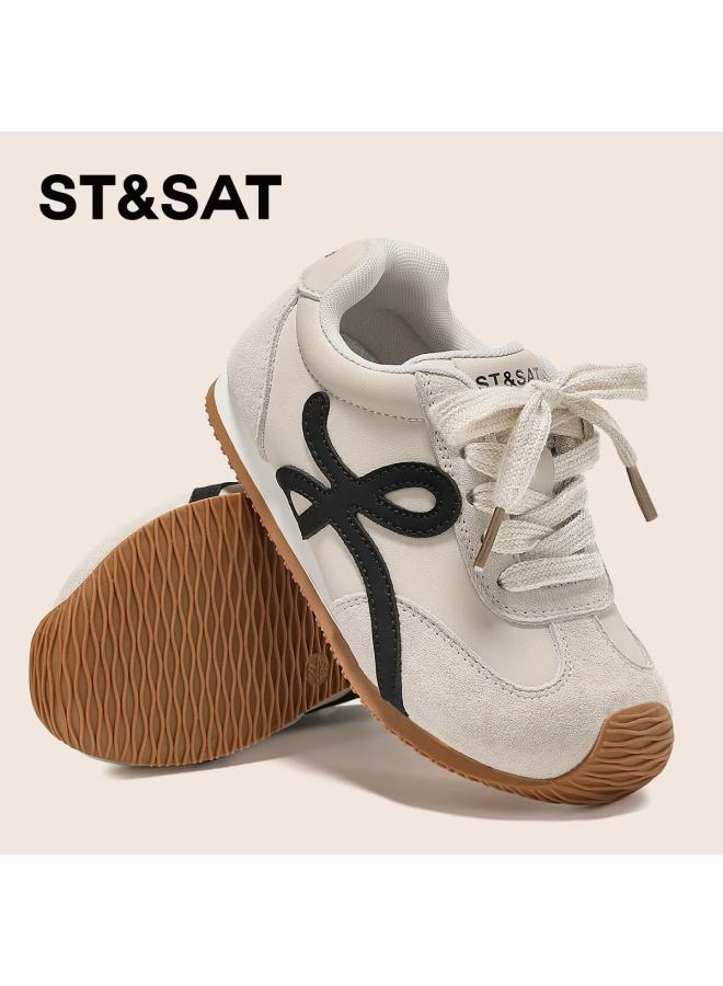 St&sat Kids Sports Shoes Autumn New Girls Running Shoes Boys Training Shoes Beige Black Size 35 - Image 2