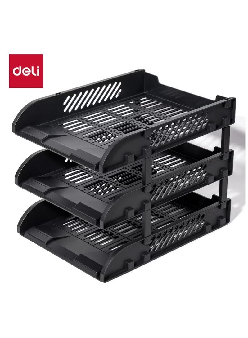 Deli E9213-BK File Tray 3-Tier Stackable Organizer 325×241×255mm – ideal for office desktop sorting - Image 1
