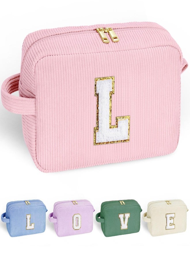 YOOLIFE Cosmetic Bags for Women - Birthday Gifts for Girls Women Preppy Stuff Travel Makeup Bag Teacher Appreciation Gifts Makeup Bags Corduroy Pink Makeup Bag Girlfriend Granddaughter Gifts Letter L - Image 1