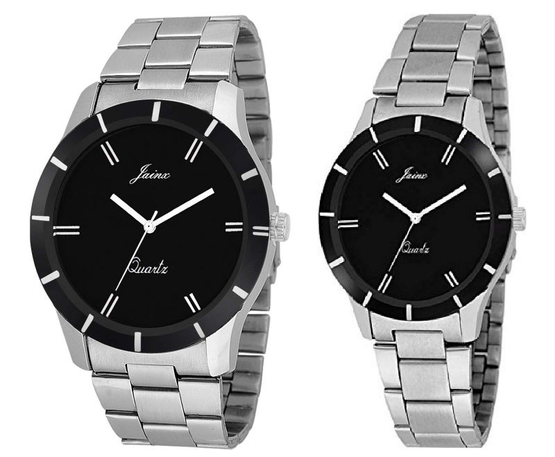 jainx Silver Stainless Steel Chain Gift Set Analog Wrist Watch for Couple - JC423 - Image 1