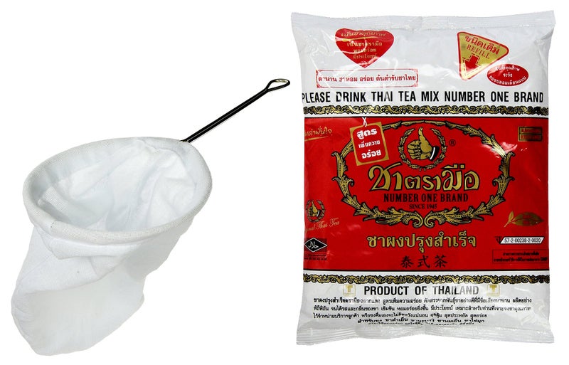 Chatramue Thai Tea Filter Stainless Steel Traditional Thai Style with Number One The Original Thai Iced Tea Mix (Cha Tra Mue - 400g) - Image 1