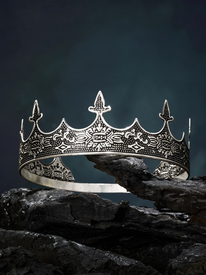 SWEETV Antique Silver King Crown for Men - Mens Crown for Prom Party Decorations, Royal Medieval Men Tiara Costume Accessories - Image 5