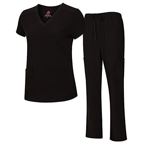 Natural Uniforms Women's Cool Stretch V-Neck Top and Cargo Pant Set (Black, Medium) - Image 1