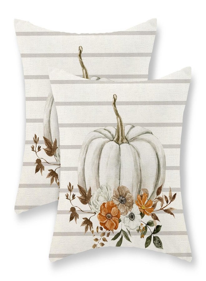 AEIOAE Fall Pillow Covers 18x18 Inch Set of 2 Watercolor Pumpkin Throw Pillows Case,Gray Stripes Autumn Flower Outdoor Decorative Linen Farmhouse Harvest Decor Cushion Covers for Home Sofa Bed Couch - Image 1