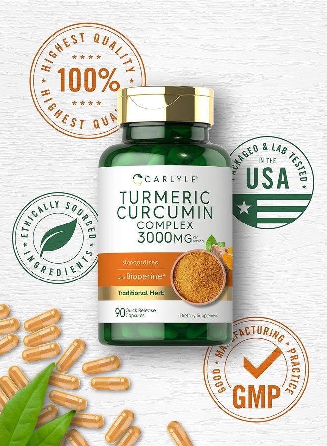 Carlyle Turmeric Supplement 3000mg | 90 Powder Capsules | Turmeric Curcumin with Black Pepper | Joint Support Complex with Bioperine | Non-GMO, Gluten Free - Image 3