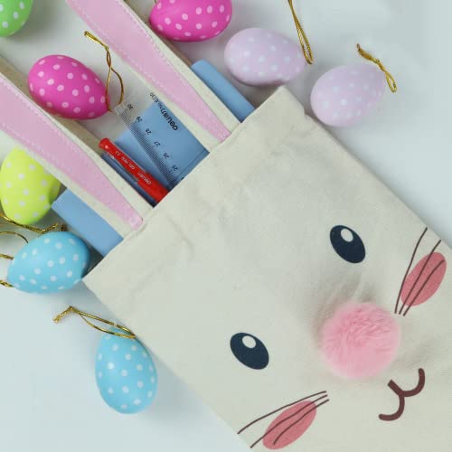 ATFUNSHOP Easter Canvas Tote Bag for Kids Reusable Large Easter Bunny Bags Baskets for Easter Egg Hunt Baby Shower Birthday Party Supplies (Pink) - Image 3