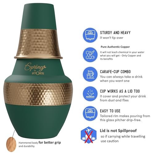 La' Forte Pure Copper Hammered Design Pitcher and Bedside Carafe, Lid can be Used as Glass for Drinking (1.4 LTR) Venus Jar Sea Green… - Image 4