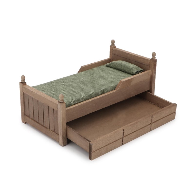 Cutemini Dollhouse Miniature Bed with Drawer 112 Wooden Furniture European Bedroom Bedding Furniture Accessories with Pillow Mattresses Vintage Floral Fabric Mini House Decoration Brown - Image 3