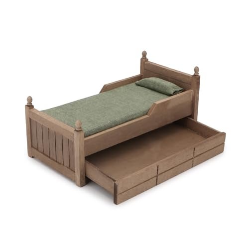 Cutemini Dollhouse Miniature Bed with Drawer 112 Wooden Furniture European Bedroom Bedding Furniture Accessories with Pillow Mattresses Vintage Floral Fabric Mini House Decoration Brown - Image 1