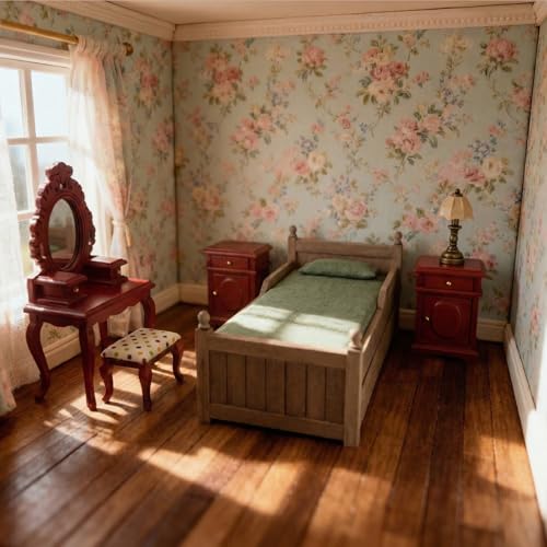 Cutemini Dollhouse Miniature Bed with Drawer 112 Wooden Furniture European Bedroom Bedding Furniture Accessories with Pillow Mattresses Vintage Floral Fabric Mini House Decoration Brown - Image 5