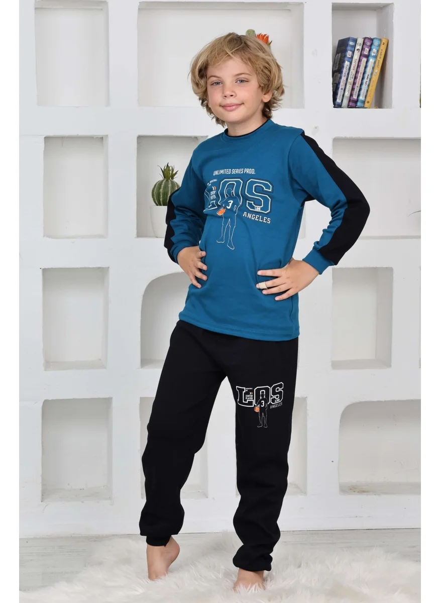Mutlu City Happy City Boy Gez Garson Los Basketball Patterned Long Sleeve Cotton Interlock Pajama Set 5158-İNDIGO