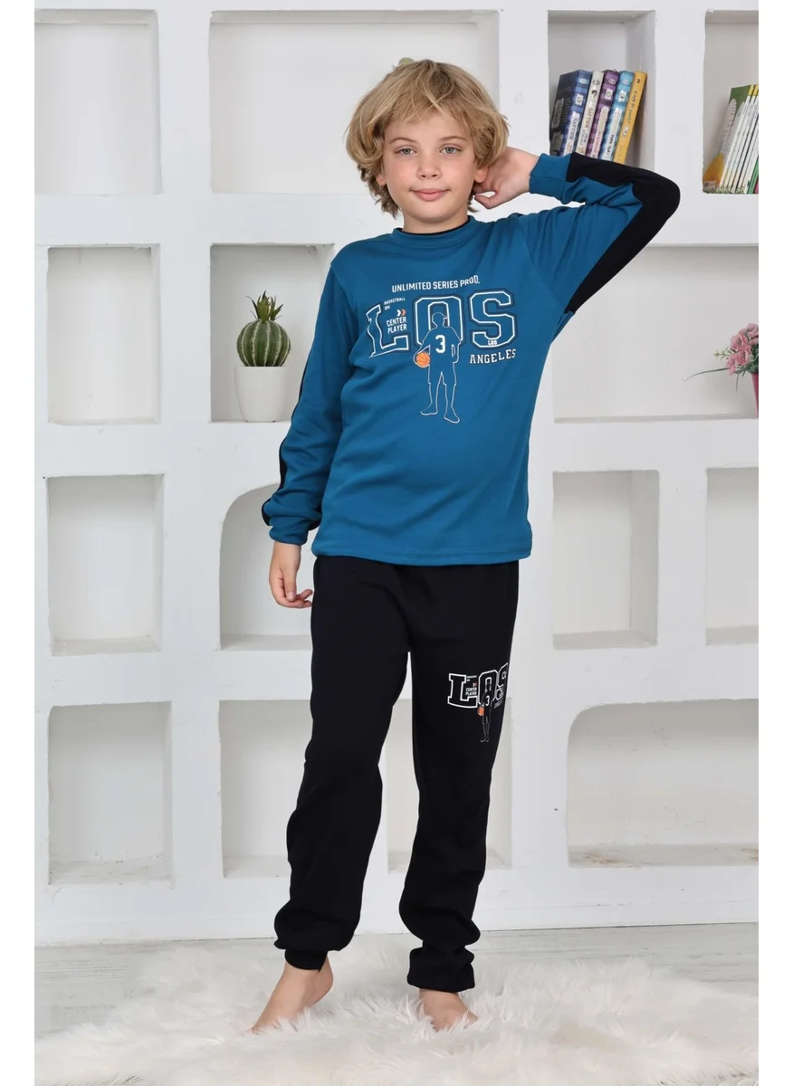 Mutlu City Happy City Boy Gez Garson Los Basketball Patterned Long Sleeve Cotton Interlock Pajama Set 5158-İNDIGO