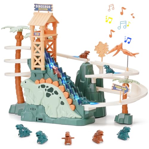 Chidiam Dinosaur Climbing Stairs Toy Orbit Chasing Race Track Game Set Roller Coaster Toy Double Loop Track Slide Toys with Music Light Educational Playsets Gift for Toddler Kids Boys Girls Age 3 - Image 1