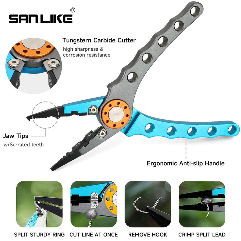 SAN LIKE Fishing Pliers Hook Remover, Aluminum Tungsten Carbide Cutters, Saltwater Resistant Fishing Gear Split Ring Fish Holder with Coiled Lanyard & Sheath - Fishing Gifts for Men(Blue) - Image 3