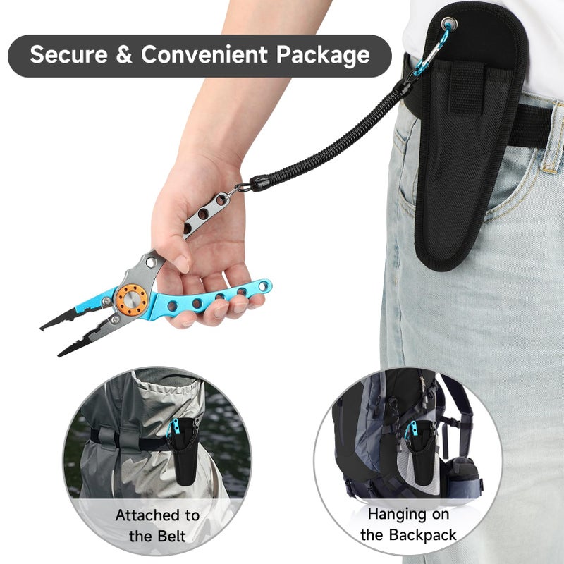 SAN LIKE Fishing Pliers Hook Remover, Aluminum Tungsten Carbide Cutters, Saltwater Resistant Fishing Gear Split Ring Fish Holder with Coiled Lanyard & Sheath - Fishing Gifts for Men(Blue) - Image 2