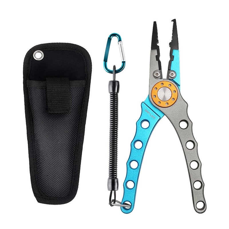 SAN LIKE Fishing Pliers Hook Remover, Aluminum Tungsten Carbide Cutters, Saltwater Resistant Fishing Gear Split Ring Fish Holder with Coiled Lanyard & Sheath - Fishing Gifts for Men(Blue) - Image 1